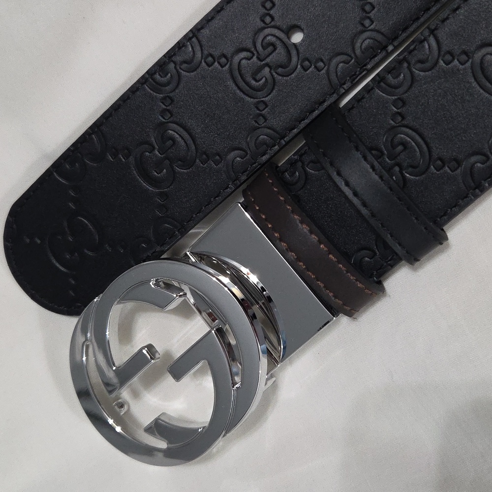 Gucci Reversible Black Brown Leather Belt with Silver Double G Buckle 32/34